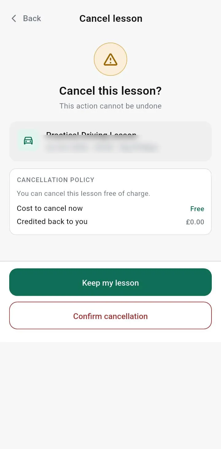 Cancel lesson screen showing the cancellation policy and the charge