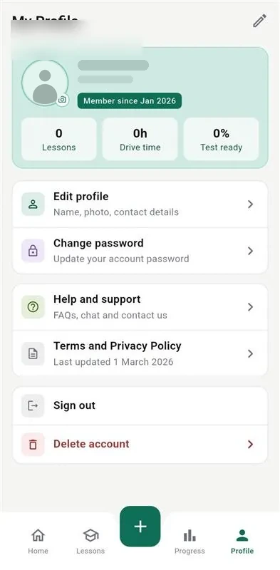 Learner profile screen with account settings