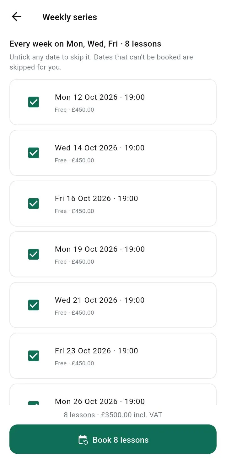 Weekly series screen listing every date with a tick box to skip it