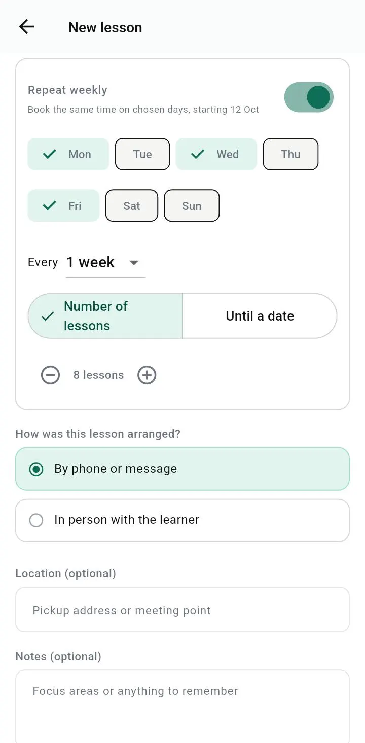 Instructor screen for setting up a weekly repeating lesson